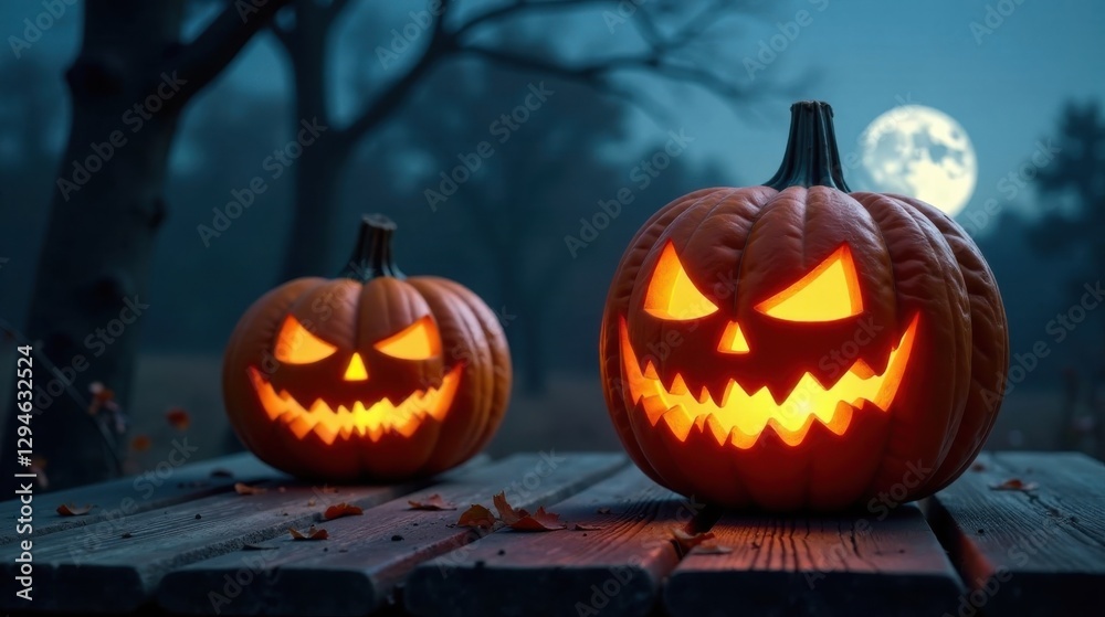 Illuminated jack-o'-lanterns rest on a rustic wooden surface, bathed in the ethereal glow of a full moon, creating a spooky autumnal scene. Illuminated jack-o'-lanterns rest on a rustic wooden surface, bathed in the ethereal glow of a full moon, creating a spooky autumnal scene.