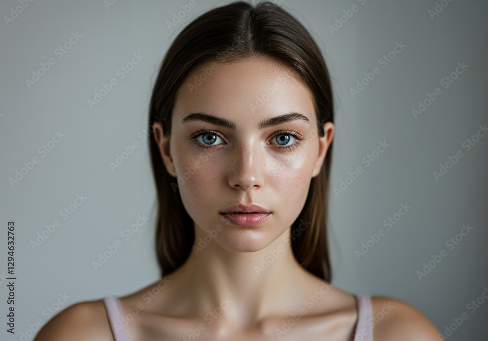 Naklejka premium Close-Up of a Young Woman with Natural Beauty and Radiant Skin, moist skin, Black hair, brown hair