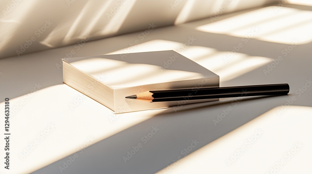 Fototapeta premium Blank notepad and pencil in sunlit room