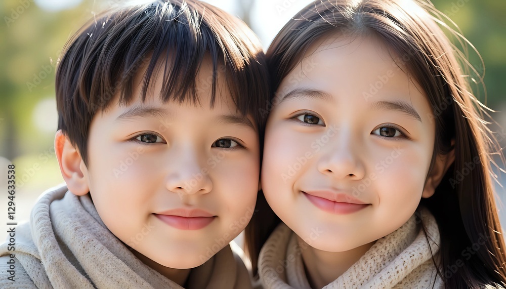 Smiling asian children posing closely together outdoors Smiling asian children posing closely together outdoors