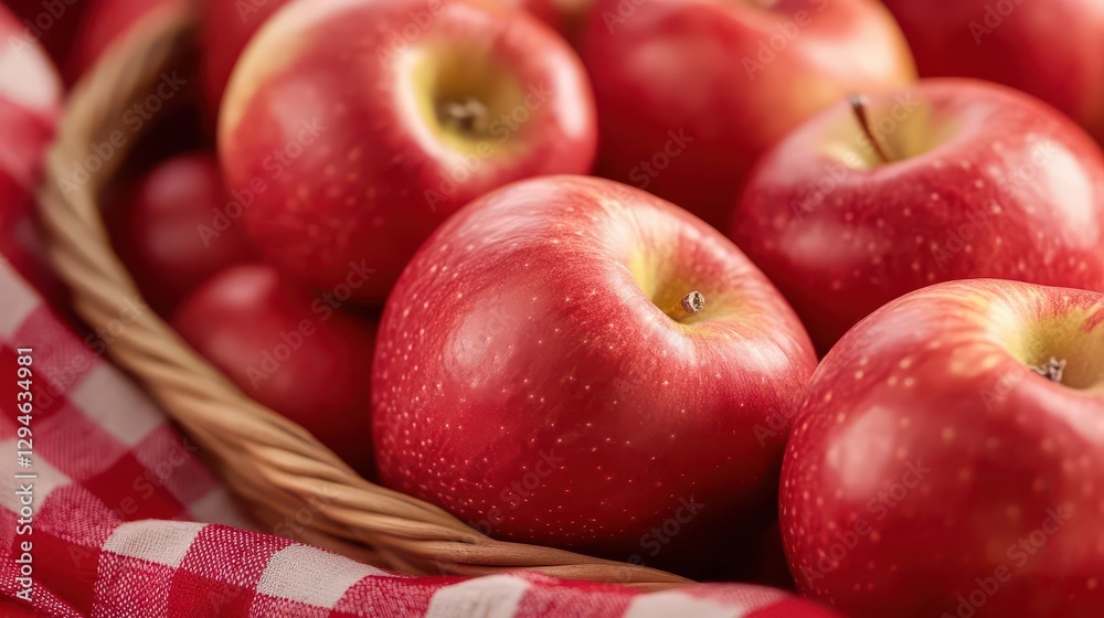 Basket of fresh red apples, placed on a rustic red checkered cloth under soft golden sunlight