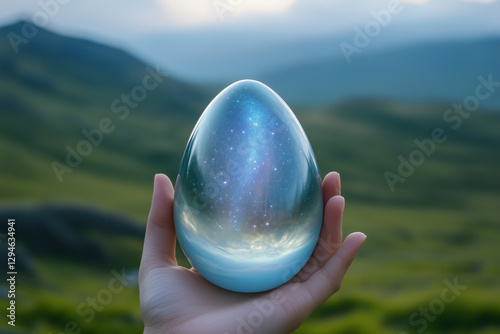 Hand holding a crystal egg with space inside on the background of a mountain landscape.