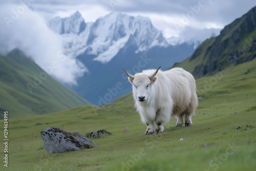 White yak on the background of snow-capped mountains in the clouds