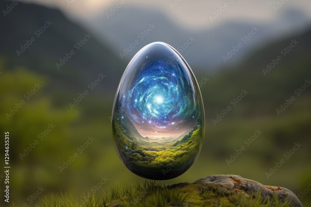 Fantasy landscape, galaxy in a crystal egg with a starry sky Fantasy landscape, galaxy in a crystal egg with a starry sky