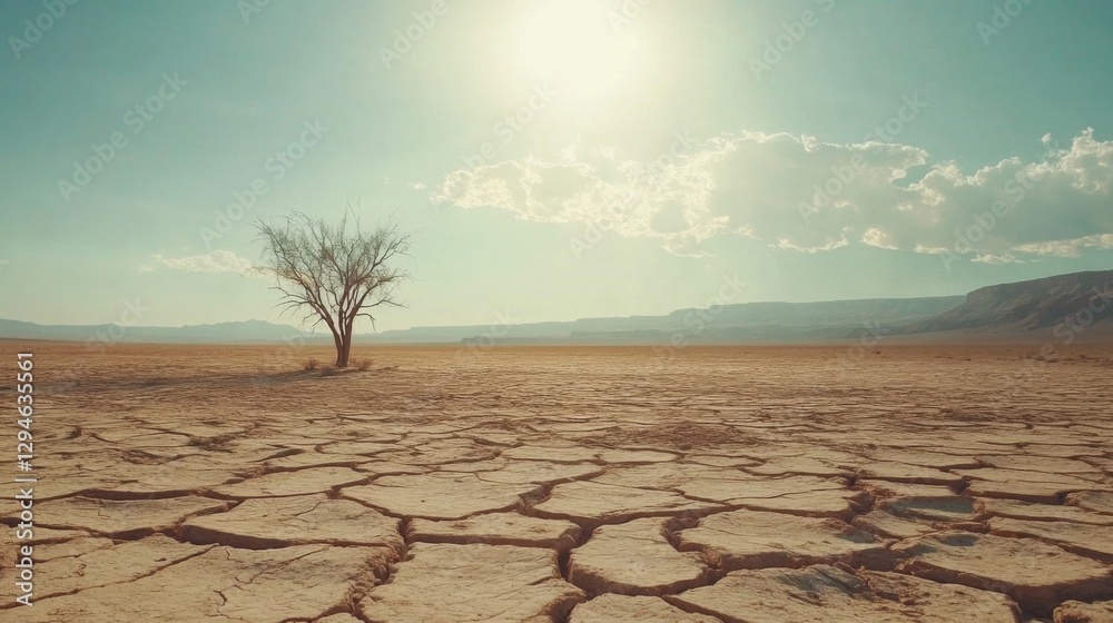 Lonely Tree in a Cracked Desert Landscape Under Bright Sunlight