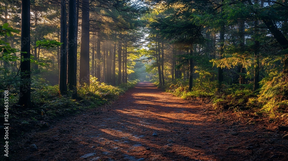 Fototapeta premium Sunlit forest path through trees with morning mist.