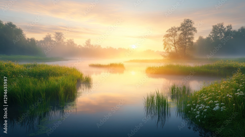 Serene Sunrise over Misty River Landscape