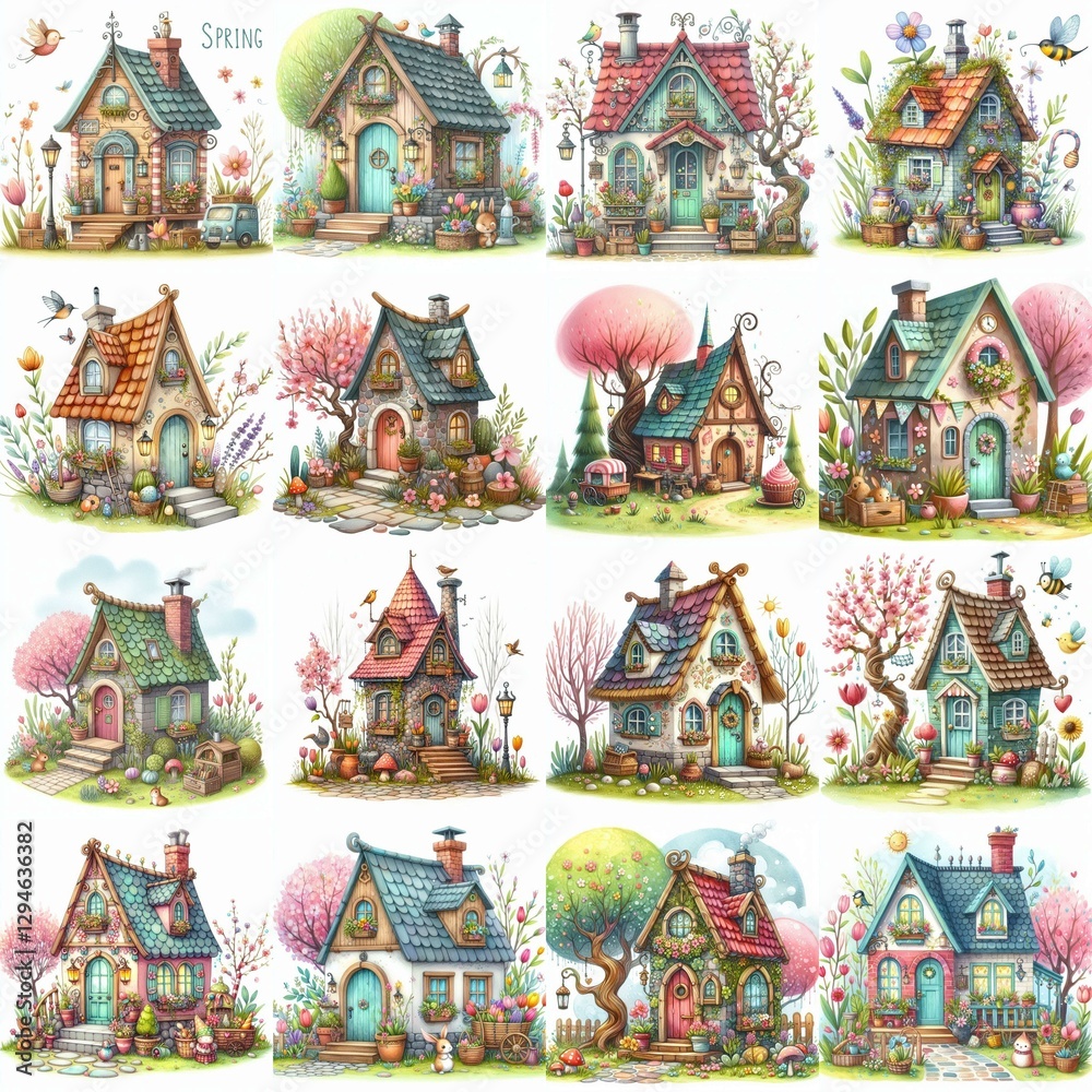 Obraz premium Watercolor Spring House. AI generated illustration