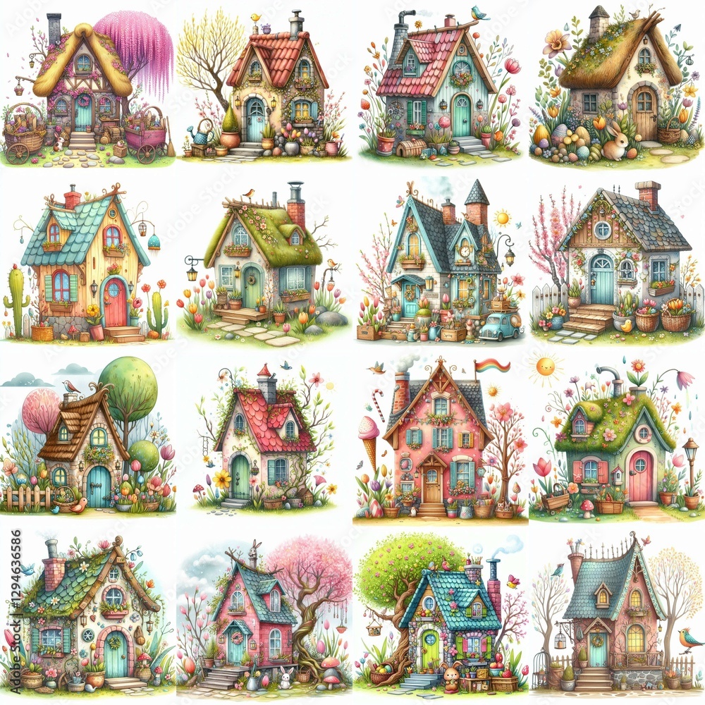 Obraz premium Watercolor Spring House. AI generated illustration