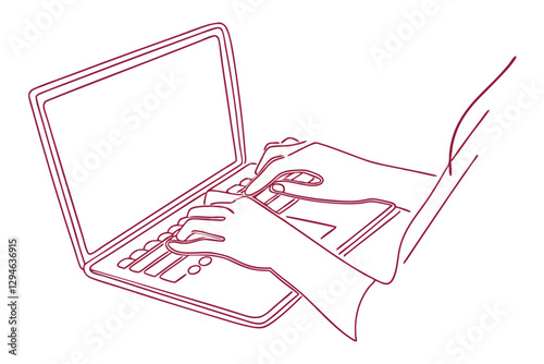 Line Vector of Hands Typing on Laptop for Digital Workspace