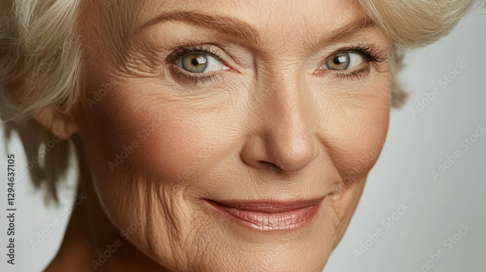 Mature woman with silver hair radiating warmth, displaying serene confidence while showcasing natural aging and genuine beauty with striking self acceptance Mature woman with silver hair radiating warmth, displaying serene confidence while showcasing natural aging and genuine beauty with striking self acceptance