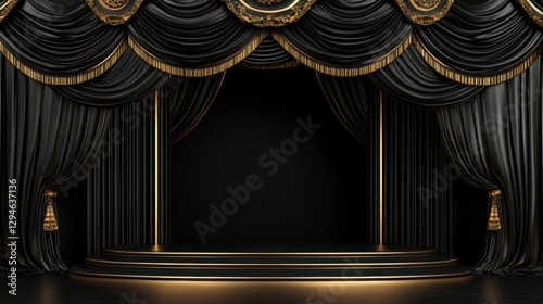An elegant black and gold-themed theater stage with exquisite curtain detailing.