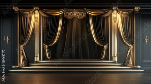 An elegant black and gold-themed theater stage with exquisite curtain detailing.