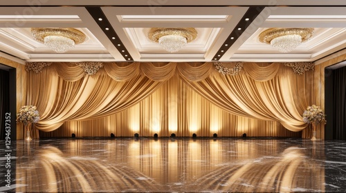 An extravagant stage design with massive golden curtains and a beautifully polished floor.