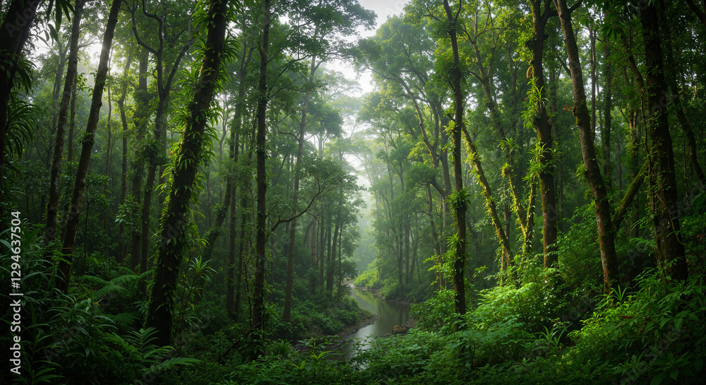 Obraz premium Trees and river deep inside tropical jungle rainforest of Southeast Asia