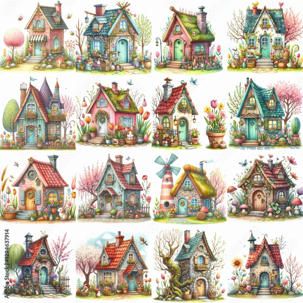 Obraz premium Watercolor Spring House. AI generated illustration