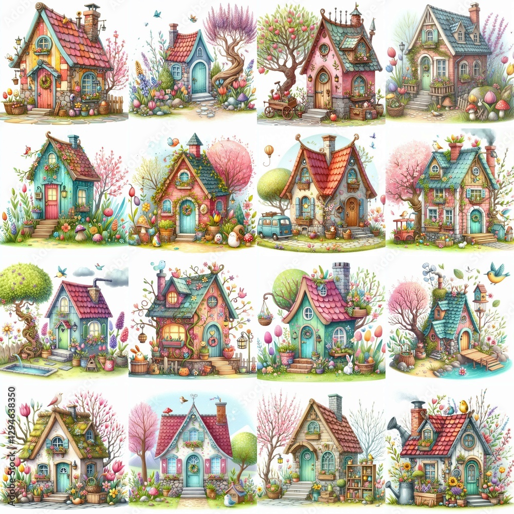 Obraz premium Watercolor Spring House. AI generated illustration