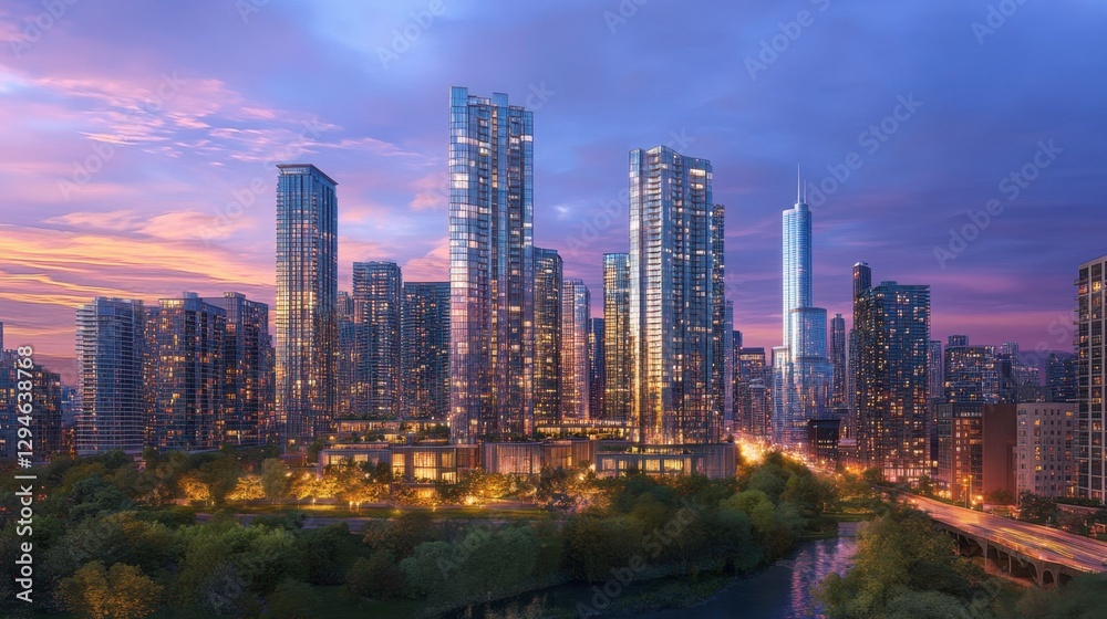 Fototapeta premium A breathtaking modern city skyline at dusk, featuring high-rise residential buildings illuminated by golden lights against a twilight sky.