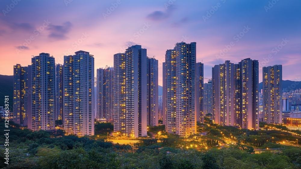 Obraz premium A breathtaking modern city skyline at dusk, featuring high-rise residential buildings illuminated by golden lights against a twilight sky.