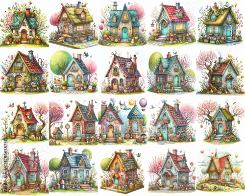 Watercolor Spring House. AI generated illustration photo