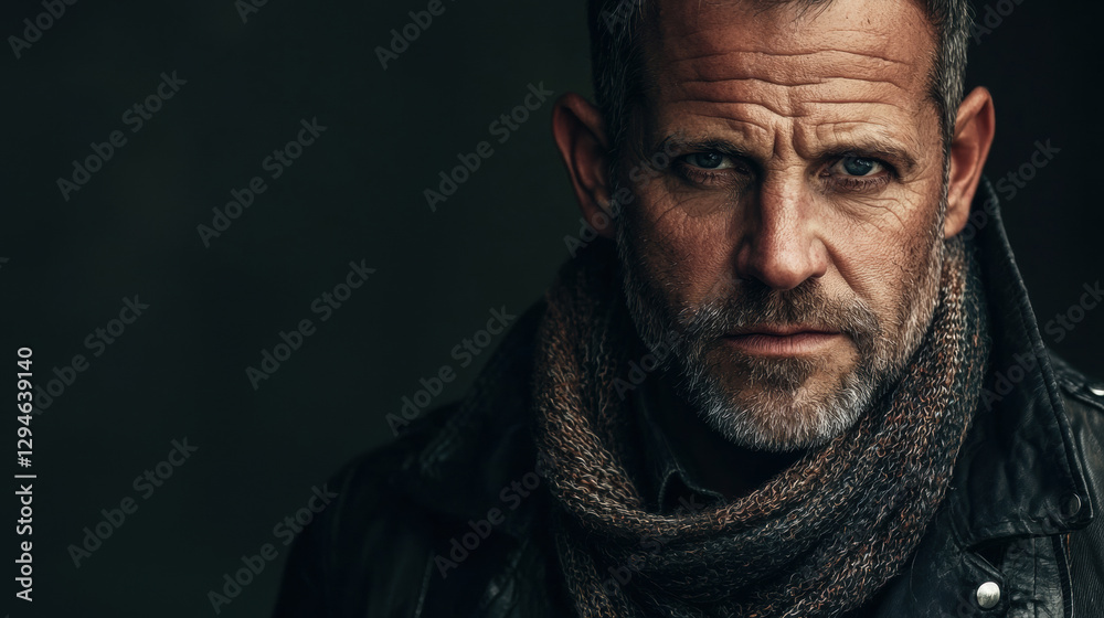 Fototapeta premium Rugged middle-aged man with a strong jawline, neatly trimmed beard, wearing a leather jacket and scarf, intense gaze, moody cinematic lighting