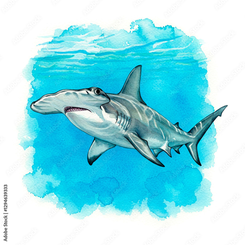 Obraz premium Graceful Blue Hammerhead Shark, Watercolor Ocean Art for Decor and Projects