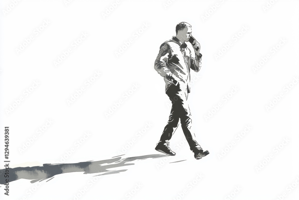 Silhouetted male figure walking with a bag against a minimalist white backdrop, casting a long shadow. Silhouetted male figure walking with a bag against a minimalist white backdrop, casting a long shadow.