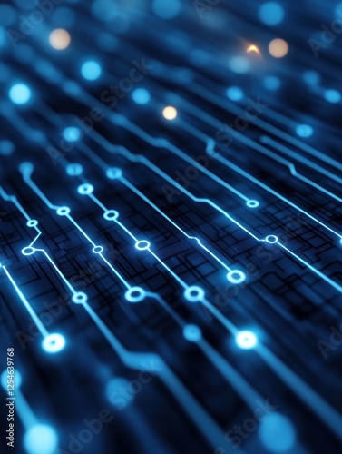 Circuit board lines with glowing nodes on dark blue background.