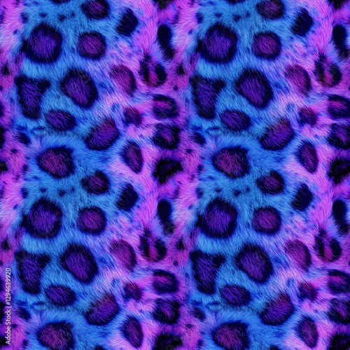 Electric Blue and Purple Leopard Fur Seamless Pattern with Neon Glow and Detailed Realistic Texture