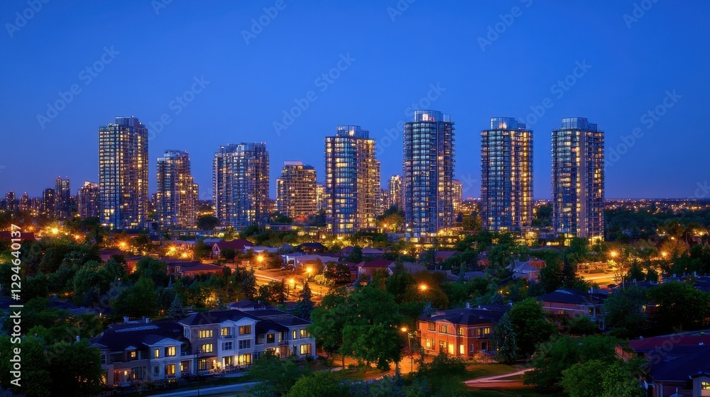 Naklejka premium A city skyline at twilight, featuring stylish residential high-rises with twinkling lights and a deep blue sky.
