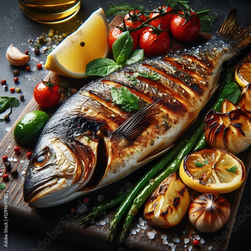 A beautifully arranged grilled fish platter with fresh herbs, lemon, and grilled vegetables, showcasing a delicious and healthy meal. Perfect for food blogs, culinary themes, or healthy eating photogr