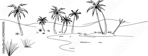 Outline desert oasis with palm trees simple vector landscape illustration.