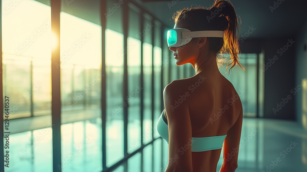 A female in a sports bra is immersed in a VR experience in a bright room with large windows. The setting emphasizes the use of advanced technology in personal fitness and wellness.
