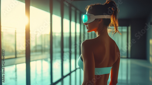 Obraz na płótnie A female in a sports bra is immersed in a VR experience in a bright room with large windows. The setting emphasizes the use of advanced technology in personal fitness and wellness. w salonie
