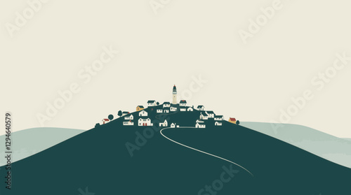 Outline hilltop village with small houses minimalist vector landscape.