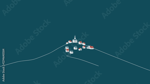 Outline hilltop village with small houses minimalist vector landscape.