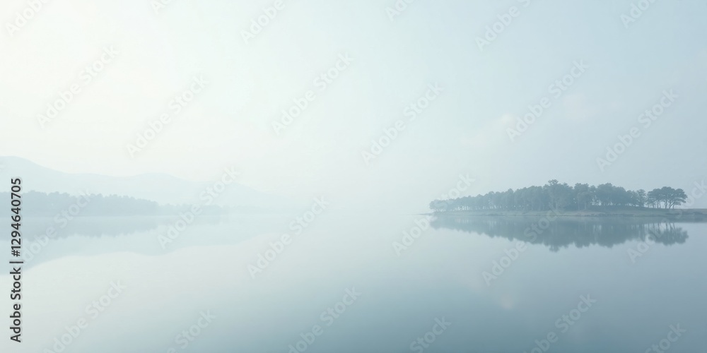 Fototapeta premium Serene Misty Lake with a Small Island of Trees Reflected in Still Waters
