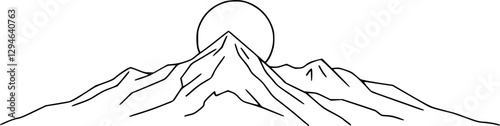 Mountain range with sun continuous line drawing modern vector illustration.