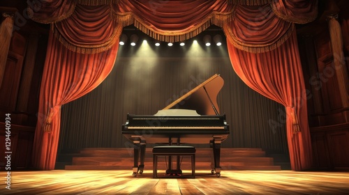 A concert-ready stage with magnificent fabric curtains and a grand piano in the spotlight.