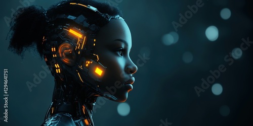 AI Beautiful Black Female Robot Head Glowing Cybernetic Parts Dark Background Copy Space