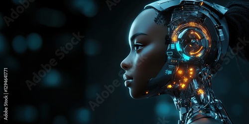AI Beautiful Black Female Robot Head Glowing Cybernetic Parts Dark Background Copy Space