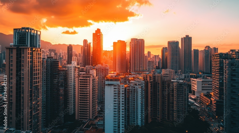 Fototapeta premium A dreamy cityscape at dusk, featuring luxury residential buildings, vibrant lights, and a golden sunset.