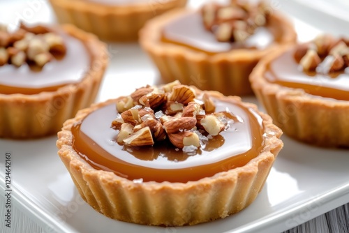 caramel tarts with pecans and sea salt on a plate
