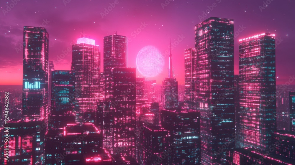 Obraz premium A dynamic city skyline with futuristic high-rise apartments, glowing brightly as night falls.
