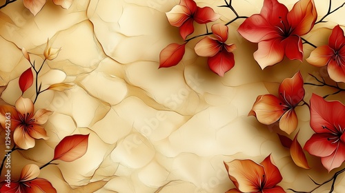 Wallpaper Mural Red and orange flowers on abstract stone wall background with embossed texture Torontodigital.ca