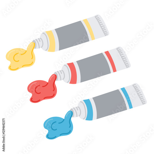 Illustration of three paint tubes squeezing out primary colors yellow, red, and blue isolated on a white background, representing creativity, and painting essentials. Vector hand drawn drawings