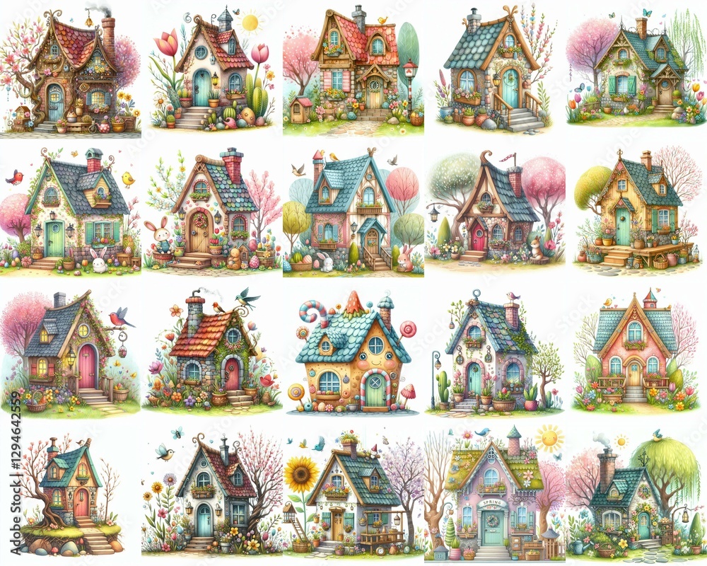 Naklejka premium Watercolor Spring House. AI generated illustration