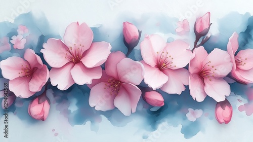 Wallpaper Mural Watercolor illustration of pink sakura flowers on blue abstract background Torontodigital.ca