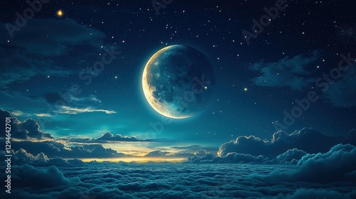 Wallpaper Mural Blue glowing moon floating over clouds under a dreamy star-filled night sky Torontodigital.ca