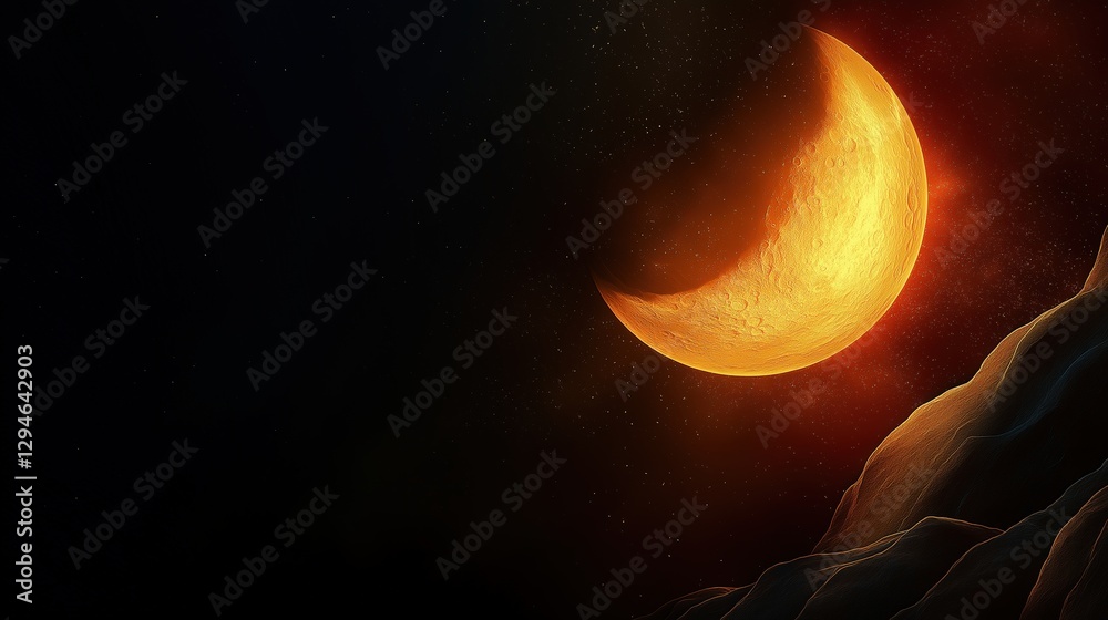 custom made wallpaper toronto digitalRed-orange crescent moon rising above rocky shadows in dramatic sky